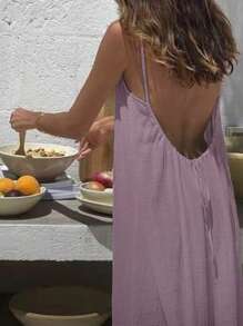 INAWLY Đầm hai dây hở lưng màu trơn cỡ lớn cho nữ - Màu tím - Xem 2