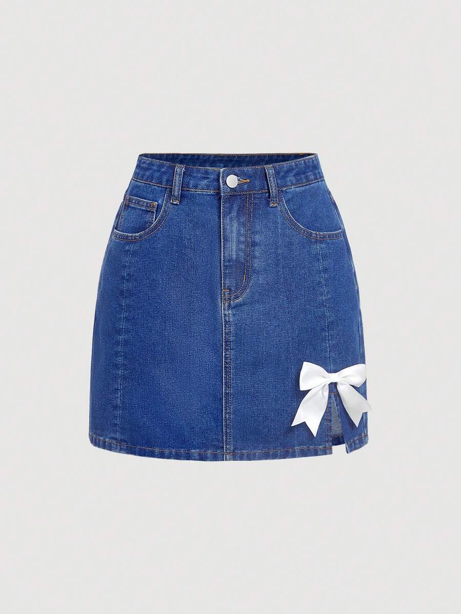 SHEIN MOD Damen bequemer, figurbetonter Minirock aus Jeans mit mittlerer Taille, blau - Dunkle Waschung - Übersicht 1