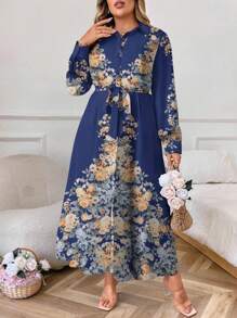SHEIN Unity 大码花卉印花系腰带休闲宽松长袖连衣裙长款女装 - 藍色 - 查看 5