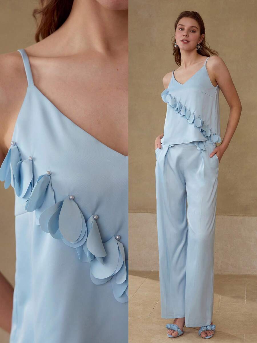 MOTF PREMIUM Top mit Rüschen und falschen Perlendetails - Blau - Übersicht 1