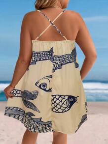 SHEIN Holidaya Plus Size Women Fish Print Loose Strap Vacation Dress - Beige - View 2