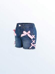 SHEIN Girls Young Girl Dark Wash Casual Loose Bowknot Eyelets Decor Stretchy Fitted Denim Shorts, Comfortable Daily Wear Minimalist & Versatile Design - Dark Wash - View 7