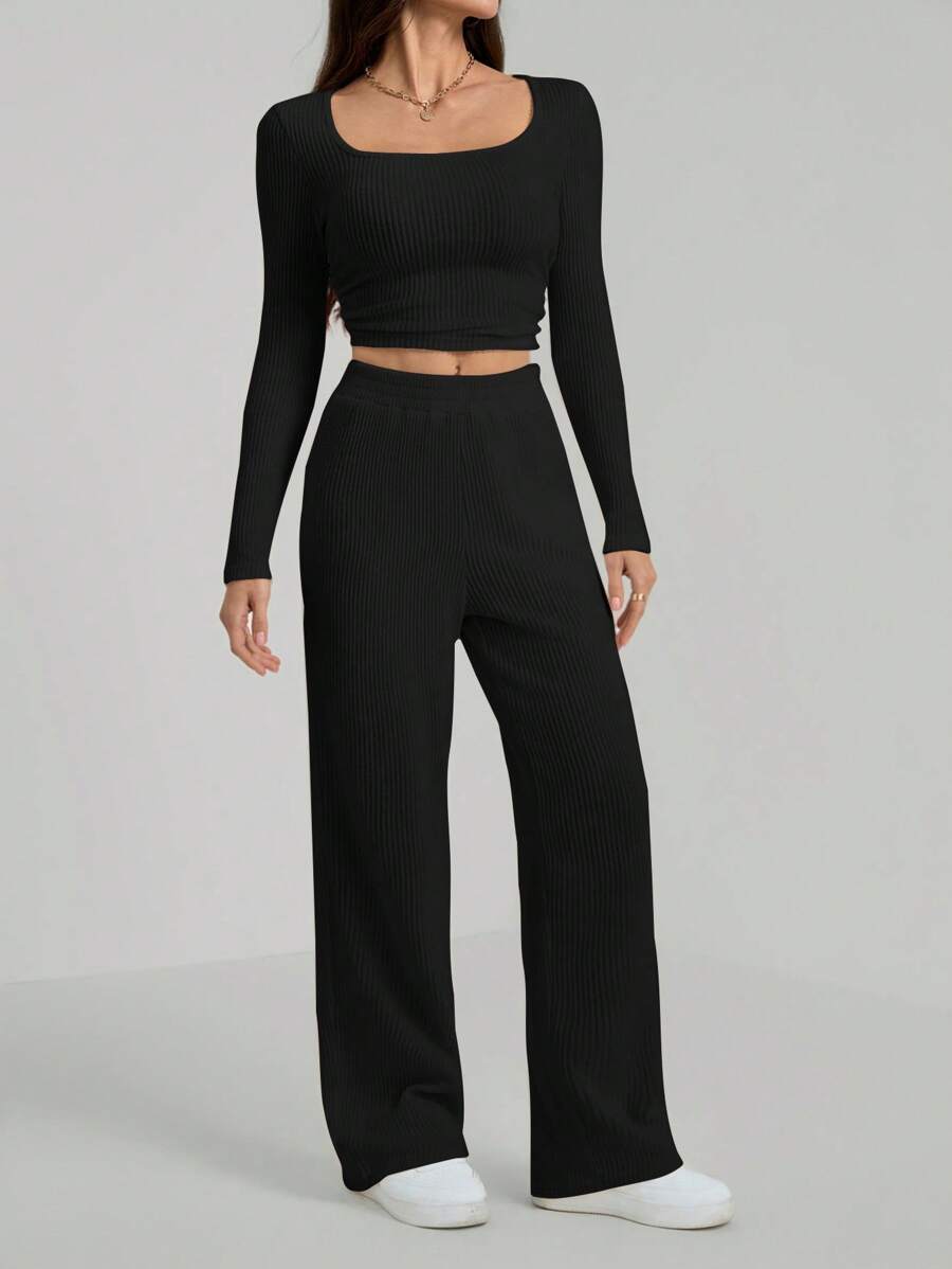SHEIN Tall 2 件套女士纯色圆领长袖罗纹针织上衣和裤子休闲套装，春/秋 - 黑色 - 查看 1