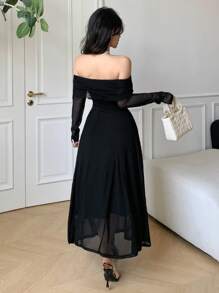 DAZY Spring/Fall Elegant Off-Shoulder Midi Dress For Wedding Guest, Solid Color,Dress For Wedding Long Sleeve Dress Prom Dress - Black - View 2