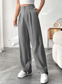 SHEIN Tall 女士纯色褶皱宽松休闲直筒裤