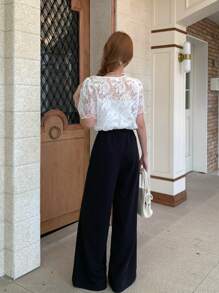 SHEIN Leap Crew TEENGIRL 2pcs Set: White Lace Puff Sleeve Elegant T-Shirt And Simple Button Decor Black Commuter Pants - Black and White - View 3