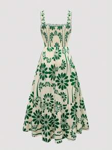 SHEIN Clasi Vestido maxi con tirantes de ajuste, escote con volantes y estampado floral para mujeres de talla grande - Verde - Ver 2