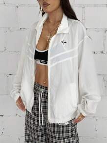 StreetHx Oversized Women Casual Solid Color Printed Zip-Up Long Sleeve Jacket - White - View 6
