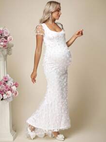 SHEIN 孕妇优雅心形领花卉贴花网眼短袖连衣裙 - 白色 - 查看 7