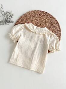 Loomiva Baby Girl Solid Color Ruffle Trim Bubble Sleeve Top, Casual & Versatile