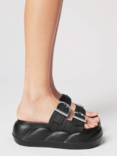 Goth Sandalias de playa romanas de mujer de punta abierta negras, de verano, con tira, para estudiantes, con plataforma y cuña