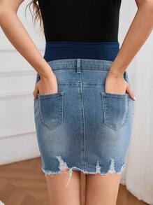 SHEIN Maternity Casual Washed Distressed Slim Fit Denim Mini Skirt