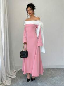 Rafferiza Abito lungo elegante da donna con decorazione a fiocco, maniche lunghe, bianco e nero