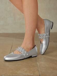 MOTF PREMIUM Zapatos casuales de mujer con puntera redonda plana para otoño - Plateado - Ver 8