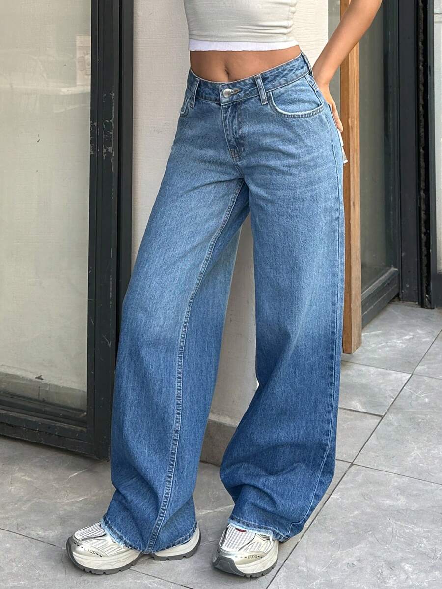 EURMUSE Casual Washed Mid-Rise Wide Leg Jeans - Medium Wash - View 1