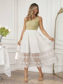 KURAYIA Plus Size Women Lace Patched A-Line Midi Skirt, Spring/Summer - White - View 6