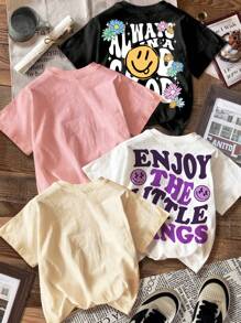 SHEIN 4pcs Young Girls Vintage Smile Face, Letter, Floral, Heart Graphic Comfy Casual Crew Neck Short Sleeve Basic T-Shirt, Suitable For Spring And Summer - Multicolor - View 3