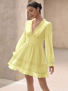 GENKIRA Rose Pink V-Neck Ruffled Layered Romantic Elegant French Style Chiffon Long Sleeve Dress  Old Money Style For Spring Fall - Yellow - View 6
