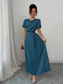 Elenzga Vestido largo con cuello drapeado, cintura ajustada y espalda descubierta con moño, en satén champán, adecuado para el Día de San Valentín y bodas