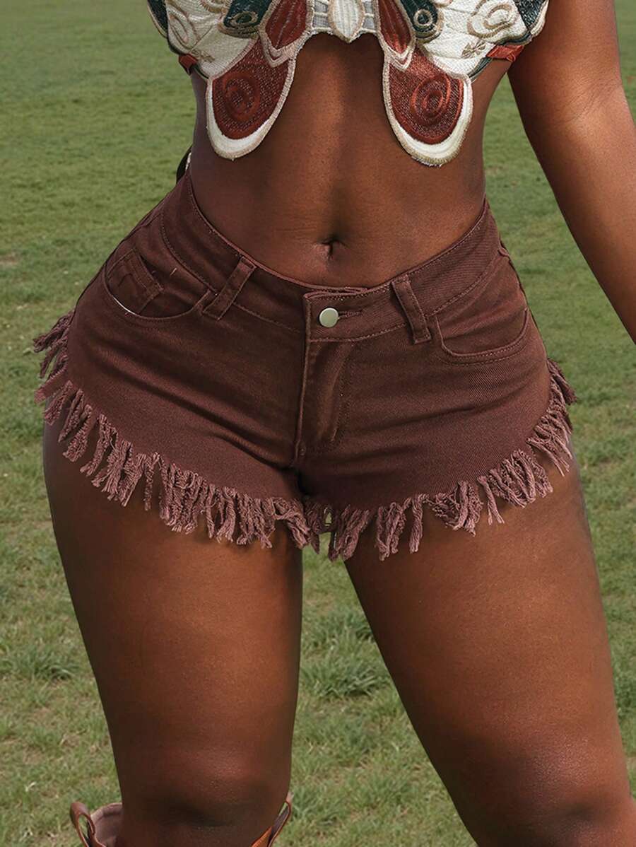 SHEIN SXY Fashionable Sexy Fringes Hem Mini Denim Shorts - Coffee Brown - View 1