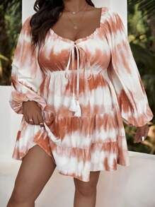 Flirla Vestido con manga linterna, frente anudado y estampado tie-dye para mujer talla grande - Caqui - Ver 5