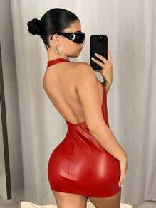 SHEIN ICON Robe courte moulante en PU à encolure en V profond avec fente éclair double