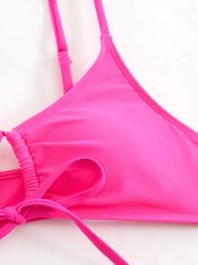 Swim Mod Women Beach, Simple Solid Color Front Tie Bikini Top For Vacation & Leisure For Summer - Hot Pink - View 4