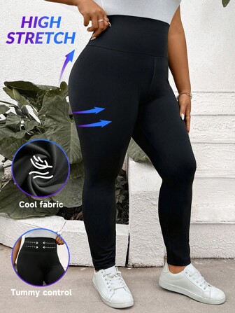 SHEIN LUNE SHEINLUNE Women Plus Size 2025 New Arrival Black Knitted Versatile Spring/Summer Essential Sports Leggings Spring For Women Summer For Women Summer Easter Women Western Wear