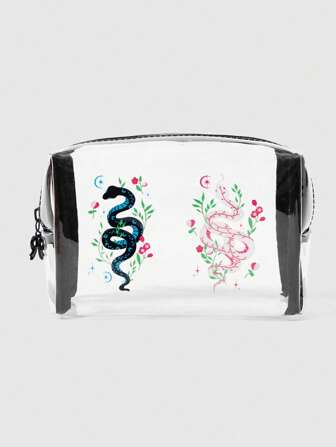 Kawaii Borsa cosmetica portatile da donna di grande capacità, con stampa floreale di rose e serpenti yin yang in stile cartoni animati, sacca trasparente per il trucco 1316769