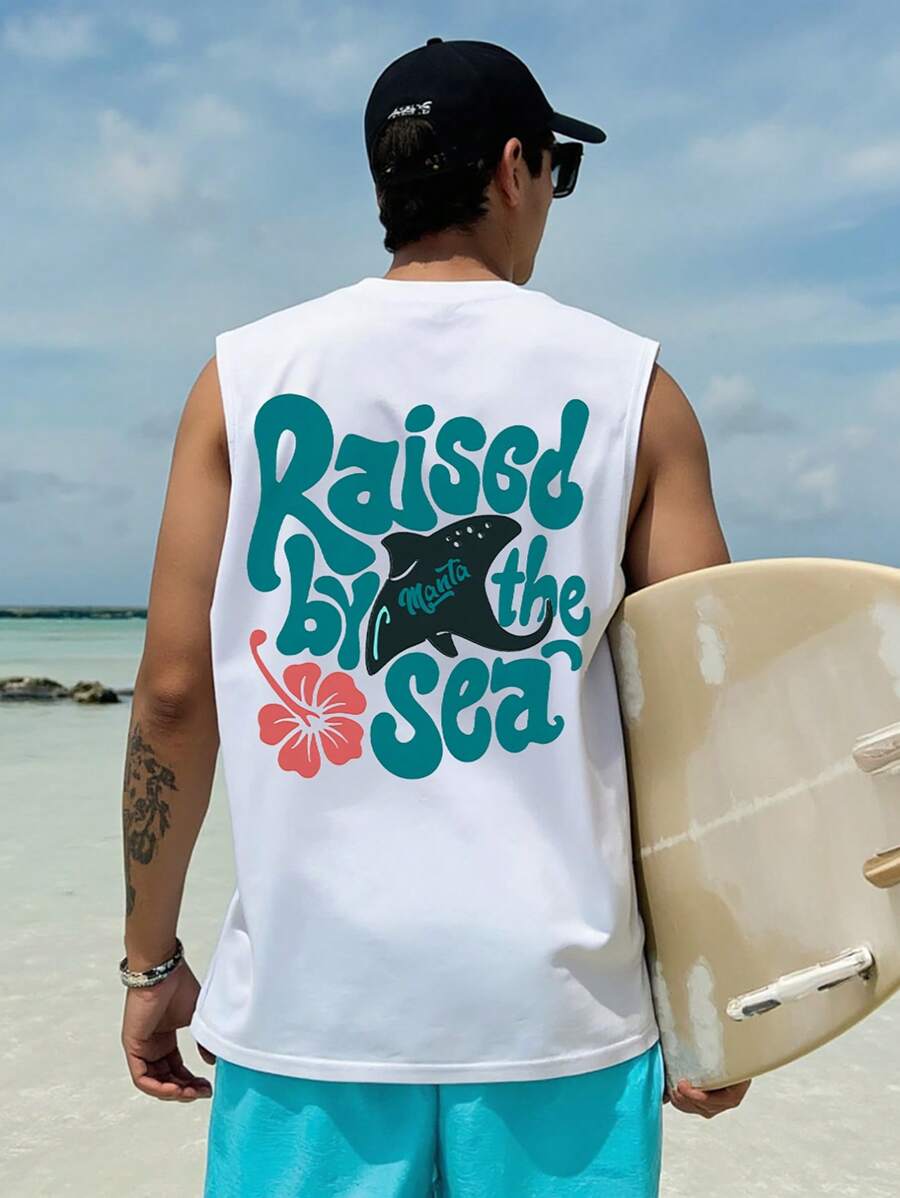 Manfinity Chillmode Men's Letter Print Loose Fit Round Neck Casual Sleeveless Top - White - View 1