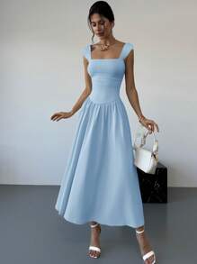 Firerie Nouvelle robe longue de printemps/été avec col carré, manches bouffantes, taille marquée, avec plis, nœud papillon et devant enveloppé. Élégante pour une tenue quotidienne ou un rendez-vous, couleur abricot