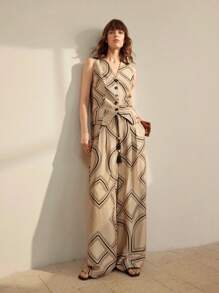 Ontre 卡其色几何印花休闲宽松全印花纹理时尚流苏抽绳口袋长裤，秋冬夏季 - 彩色 - 查看 10