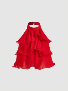 SHEIN MOD Áo crop top bèo nhún nhiều lớp màu đỏ, Áo dễ thương, Kiểu dáng thanh lịch, Áo hở lưng, Áo năm mới, Áo dự tiệc nữ, Áo tối giản cài nút phía trước thường ngày cho nữ, Cổ điển, Quần áo nữ, Phong cách ngày lễ tình nhân, Áo rave - Đỏ - Xem 1