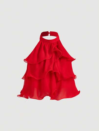 SHEIN MOD Top corto con volantes multicapa en rojo, tops lindos, forma elegante, top sin espalda, top para Año Nuevo, tops de fiesta para mujeres, top minimalista de mujer con botones frontales y tirantes anchos para uso diario, vintage, ropa de mujer, look para el Día de San Valentín, top de rave