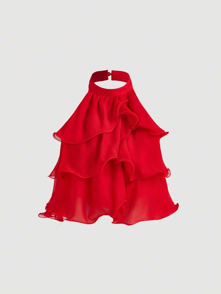 SHEIN MOD Áo crop top bèo nhún nhiều lớp màu đỏ, Áo dễ thương, Kiểu dáng thanh lịch, Áo hở lưng, Áo năm mới, Áo dự tiệc nữ, Áo tối giản cài nút phía trước thường ngày cho nữ, Cổ điển, Quần áo nữ, Phong cách ngày lễ tình nhân, Áo rave - Đỏ - Xem 1