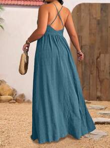 SHEIN Holidaya 大码女式纹理露背吊带海滩度假连衣裙，夏季 - 霧霾藍 - 查看 2