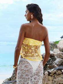 Opulessa 无袖女式抹胸上衣，带有图形装饰和扭纹剪裁设计，性感 - 黃色 - 查看 2