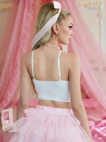 FairyFlirt 1/2 Cup Wireless Cute Ribbons Tank Top, White & Pink, Women Camisole Balconette