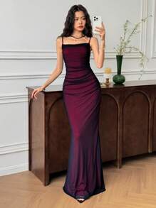 EastFlair 女士纯色荷叶边鱼尾下摆修身优雅连衣裙