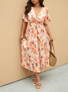 Elaquor 夏季大码花卉印花扭纹设计 V 领短袖连衣裙