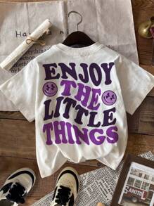 SHEIN 4pcs Young Girls Vintage Smile Face, Letter, Floral, Heart Graphic Comfy Casual Crew Neck Short Sleeve Basic T-Shirt, Suitable For Spring And Summer - Multicolor - View 7