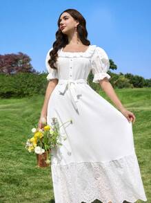 Modelyn 女士长款连衣裙，纯色刺绣，荷叶边装饰，配腰带 - 白色 - 查看 7