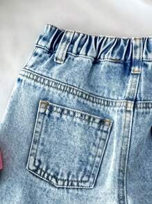 SHEIN Young Girl 2025 New Y2k Light Blue Distressed Frayed Denim Middle Pants - Light Wash - View 3