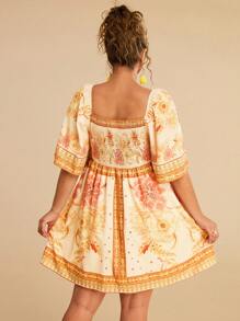 Travachic Vestido Curto Casual Feminino Plus Size de Verão Amarelo com Estampa Floral e Manga Bufante