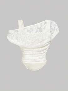 SHEIN MOD Áo thun thời trang cổ ren bất đối xứng dành cho nữ - Màu be - Xem 2