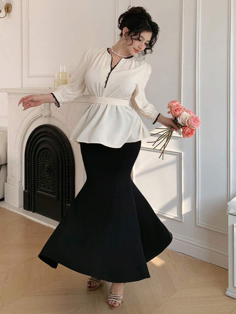 Women's Lace Trim Contrast Color Block 3/4 Sleeve Blouse, Pullover