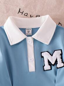 SHEIN Young Girl White Fashionable Letter Print Blue Collar Short Sleeve Casual School Style Cute Summer Dress Summer Holiday - Blue - View 6