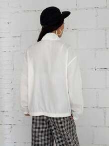 StreetHx Oversized Women Casual Solid Color Printed Zip-Up Long Sleeve Jacket - White - View 2