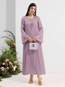 Al Najma Women's Elegant Rhinestone Embellished Bell Sleeve Arabic Style Dress, Modest