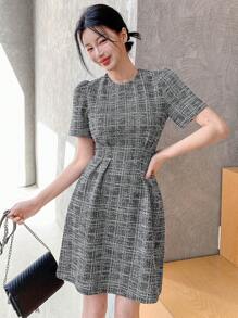 DAZY Women's Elegant Plaid Round Neck Short Sleeve Mini Dress, Summer Elegant - Black - View 3